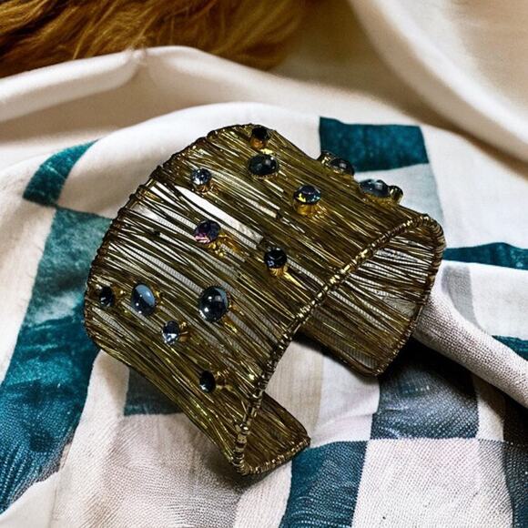 Textured Wire Cuff Bracelet with Blue Crystal Accents - Picture 1 of 11